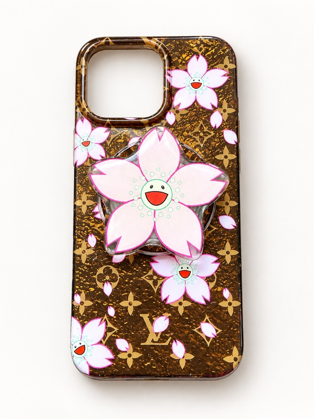 Luxury-Inspired Brown Phone Case with Pink Floral PopGrip
